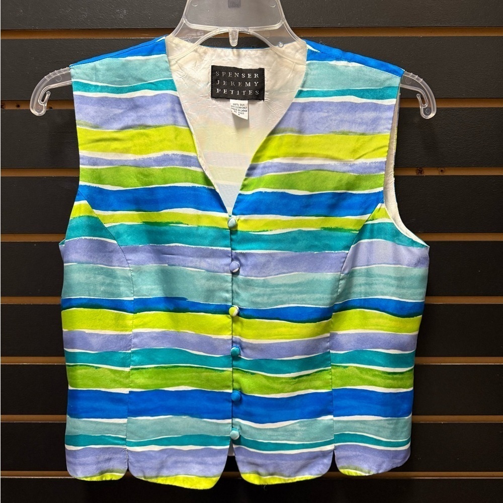 Vintage Spenser Jeremy 100% Silk Striped Button Front Vest Blouse Size Small